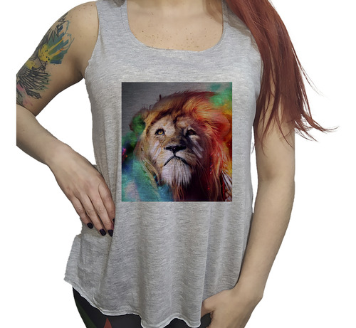 Musculosa Dama Animal Leon Con La Melena De Colores Arte