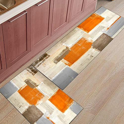 Juego De 2 Alfombras Y Tapetes De Cocina Naranja Y Gris