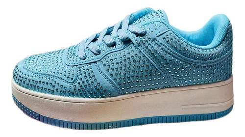 Tenis Sneakers De Brillos Moda Tipo Choclo Con Pedreria Azul