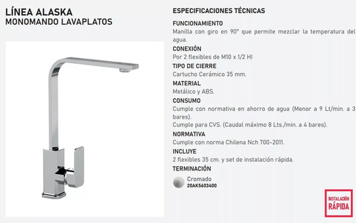 Monomando Grifo Llave Lavaplatos Fregadero Alaska