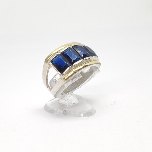 Imagen 5 de 9 de Anillo Plata Y Oro Piedra 4 Baguette Azul