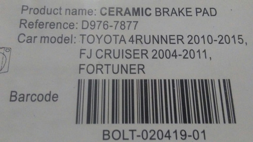 Pastilla Freno Delantera Toyota 4runner Fortuner 2008-2017