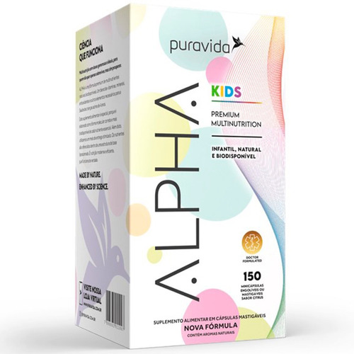 Suplemento multivitamínico en cápsulas Pura Vida Kids Alpha, sabor neutro, en un bote de 50 ml y 150