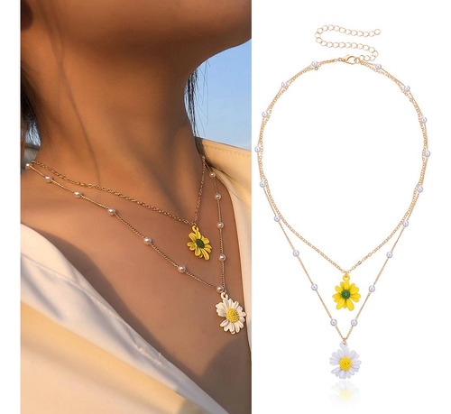 Collar Con Forma De Flor De Margarita Cadena De Perlas En D