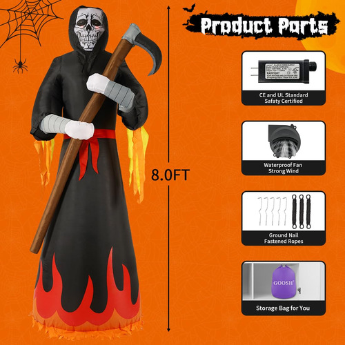 Grim Reaper Inflable Para Halloween, 8 Pies, Con Luces Led