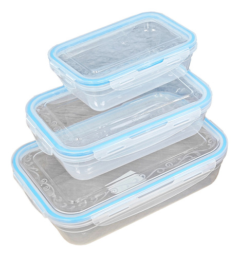 Kit 3 Potes Hermético Alimento Com Trava Retangular - A717 Cor Azul