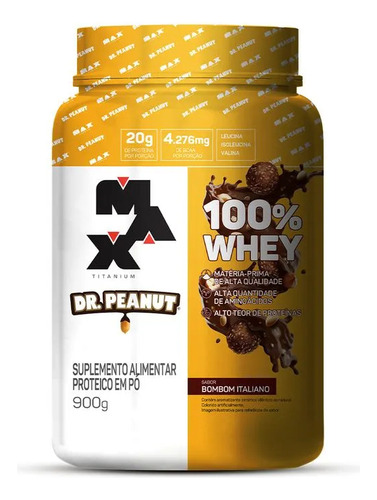 Bote de 900 g con 100% proteína de suero, sabor a caramelo italiano Max Titanium X Dr Peanut