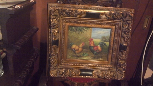 Hermoso Oleo , Gallo Y Gallina , Antiguo Firmado N. Carter