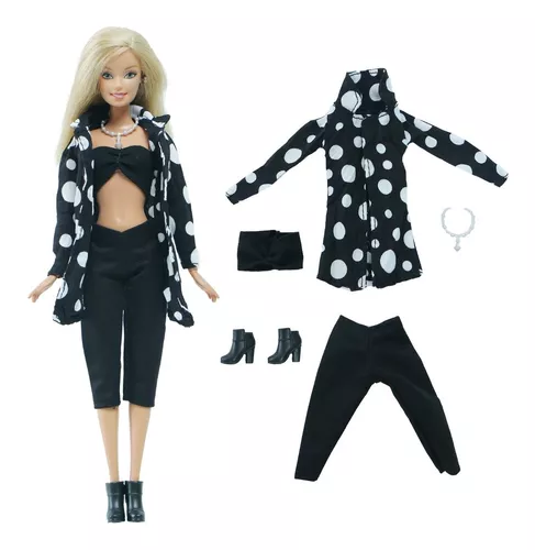 Kit Roupa Fashion Para Boneca Barbie Roupa 5 Pçs Casaco Poá