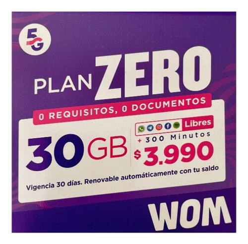 Pack 10 Chip  Wom Plan Zero Incluye 300 Min + 30 Gb 30 Días