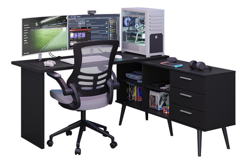 Mesa Computador Gamer Em L 3 Gavetas Preto Lisboa Madesa