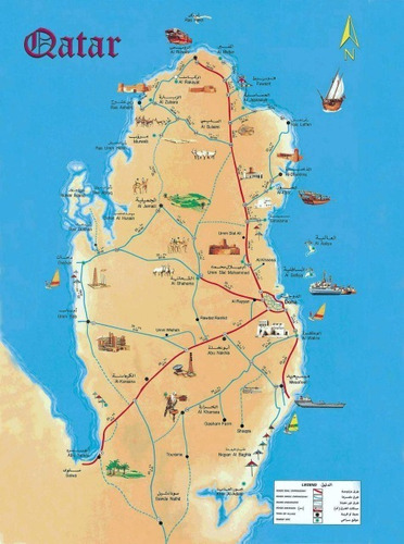 Catar Qatar Mapa Turístico Ilustrado Asia - Lámina 45x30 Cm.