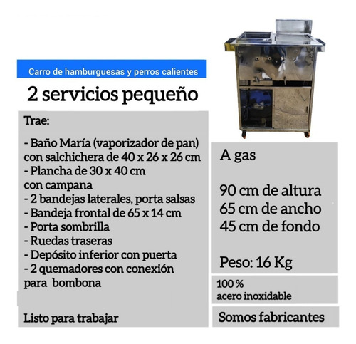 Imagen 5 de 5 de Carro De Perro Caliente Y Hamburguesa 2s Pequeño A Gas.
