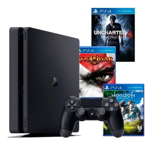 Sony PlayStation 4 Slim 500GB Hits Bundle: God of War III: Remastered/Uncharted 4: A Thief's End/Horizon Zero Dawn color  negro azabache