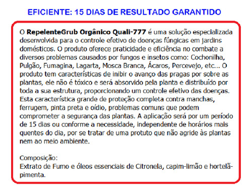 Defensivo Orgânico Repelentegrub Quali777 Cochonilha, Pulgão