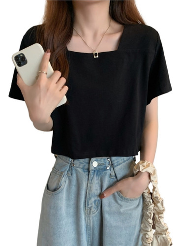 Camiseta Negra Cuello Cuadrado Mc For Mujeres Verano Dulce