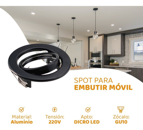 Imagen 2 de 10 de Spot Embutir Movil Aluminio Apto Dicro Led + Zocalo Gu10 220
