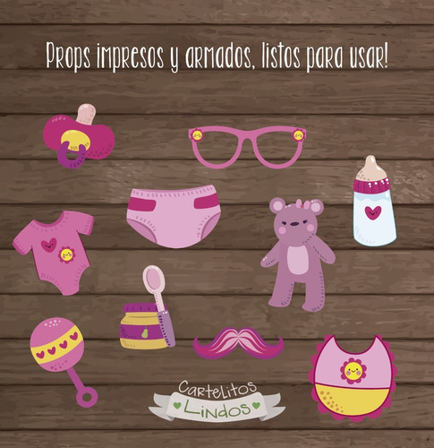 20 Props Y Cartel Bienvenida Baby Shower Listos Para Usar