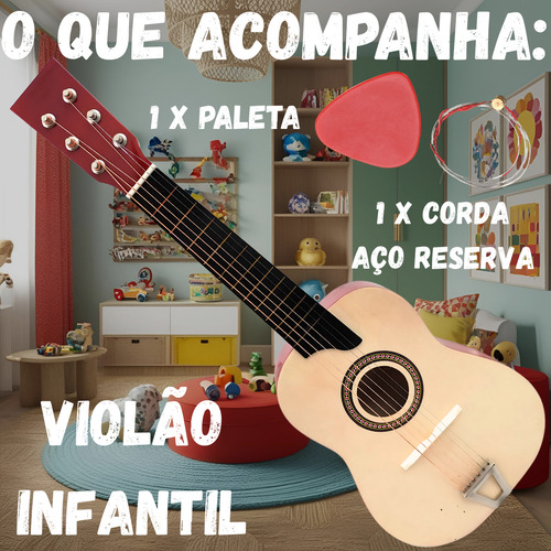 Mini Violão Infantil Acústico Madeira Com Cordas De Aço E Palheta - Brinquedo Musical Para Iniciantes