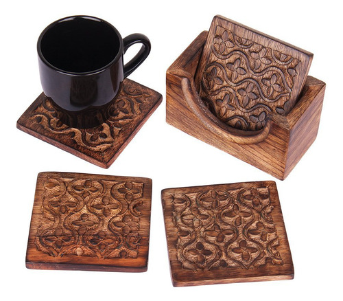 Juego De 4 Posavasos Indya Hechos A Mano De Madera Con Sopor