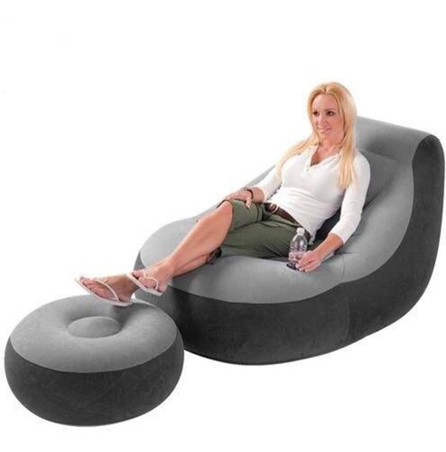 Poltrona Inflável Ultra Lounge Com Pufe Cinza E Preto
