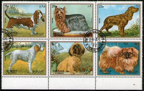 Sharjah Hojita Bloc X 6 Sellos Usados Razas De Perros 1972 