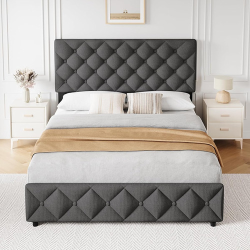 Base De Cama Idealhouse Matrimonial Tapizada En Lino Grey