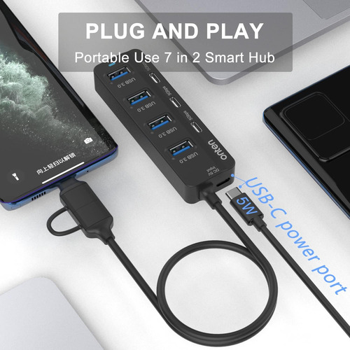 Onten Usb C Hub,7 Puertos Usb 3.0 Hub Con Usb C A Usb 3.0...