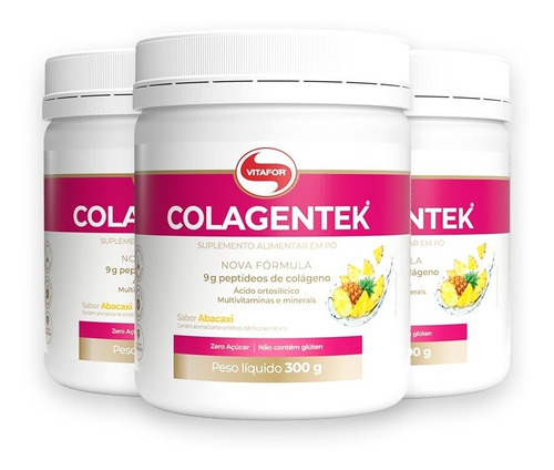 Kit 3 Colagentek Vitafor 300g Colágeno Hidrolisado - Abacaxi