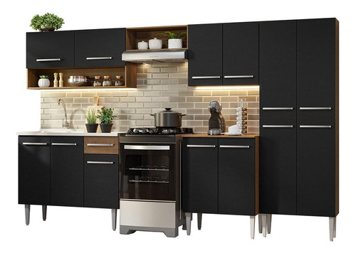 Armário De Cozinha Completa 293cm Com Pia Emilly Madesa 09 Cor Rustic/Preto