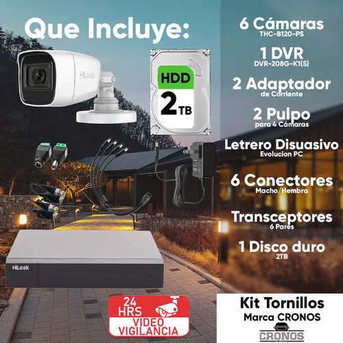 Hilook Kit De Camaras De Seguridad Exterior Con Micrófono Integrado + Disco Duro 2tb Modelo Hlps1080-plus6-sc+2tb Video Vigilancia Turbohd 1080p Cctv 6 Cámaras Bala