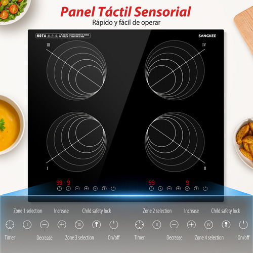 SANGKEE Parrilla De Induccion Electrica De 4 Zonas Con Dos Enchufes, Estufa Táctil Con Digital Sensor 3600w, Control Independiente, Ahorro De Energia, Bloqueo De Seguridad Para Niños, 127V