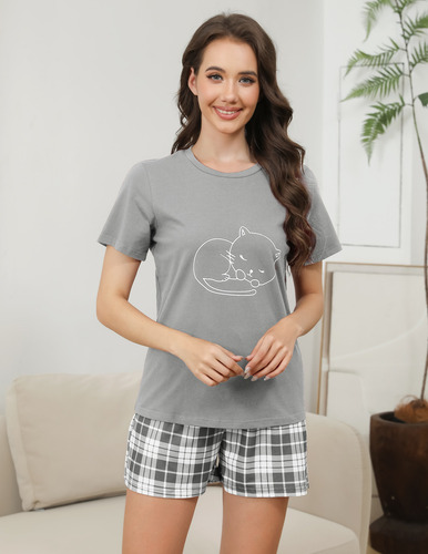 Pijama Mujer Manga Corta Cuello Redondo Gato Estampado