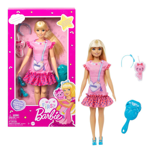 Barbie My First Barbie Muñeca Vestido Rosa con Gatito para niñas de 3 años en adelante