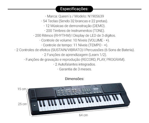 Imagem 6 de 8 de Teclado Musical Para Iniciantes Queens 54 Teclas 12 Musicas