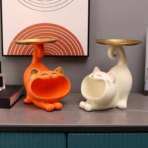 Bandeja De Joyería Decorativa Con Estatua De Gato Naranja
