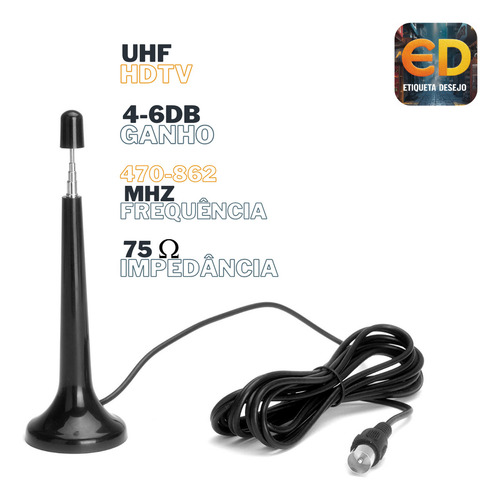 Antena Tv Digital Uhf Vhf Hdtv Etiqueta Desejo Interna Cabo Longo Compatível Com Tv LG Samsung Aoc Smart Led Lcd