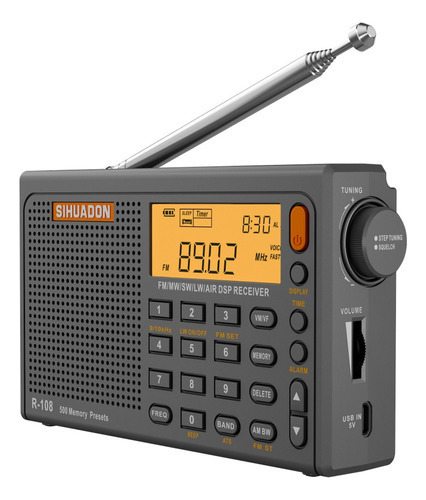 . Sihuadon R-108 Gray Dsp Rádio Portátil Fm/sw/mw/lw/banda