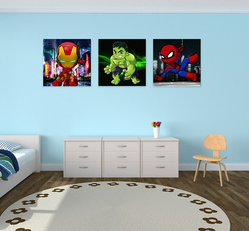 Super Héroes Infantil 3pzas 30x30cms Canvas  Decorativo
