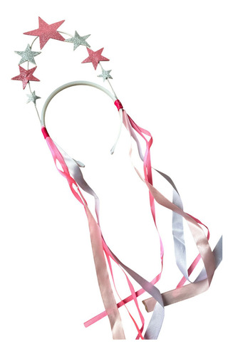 Tiara Arco Estrela Com Fitas Gritter Carnaval Fantasia Festa Cor Rosa C/ Prata