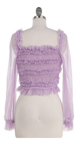 Imagen 3 de 7 de Blusa Vestir Tul Drapeada Manga Larga Transparencias Sexy.