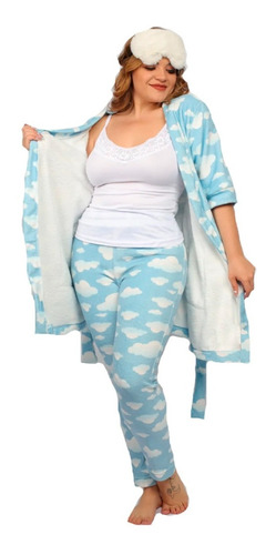 Pijama De 3 Pzas Mujer Bata + Playera + Pantalon Nubes 10435