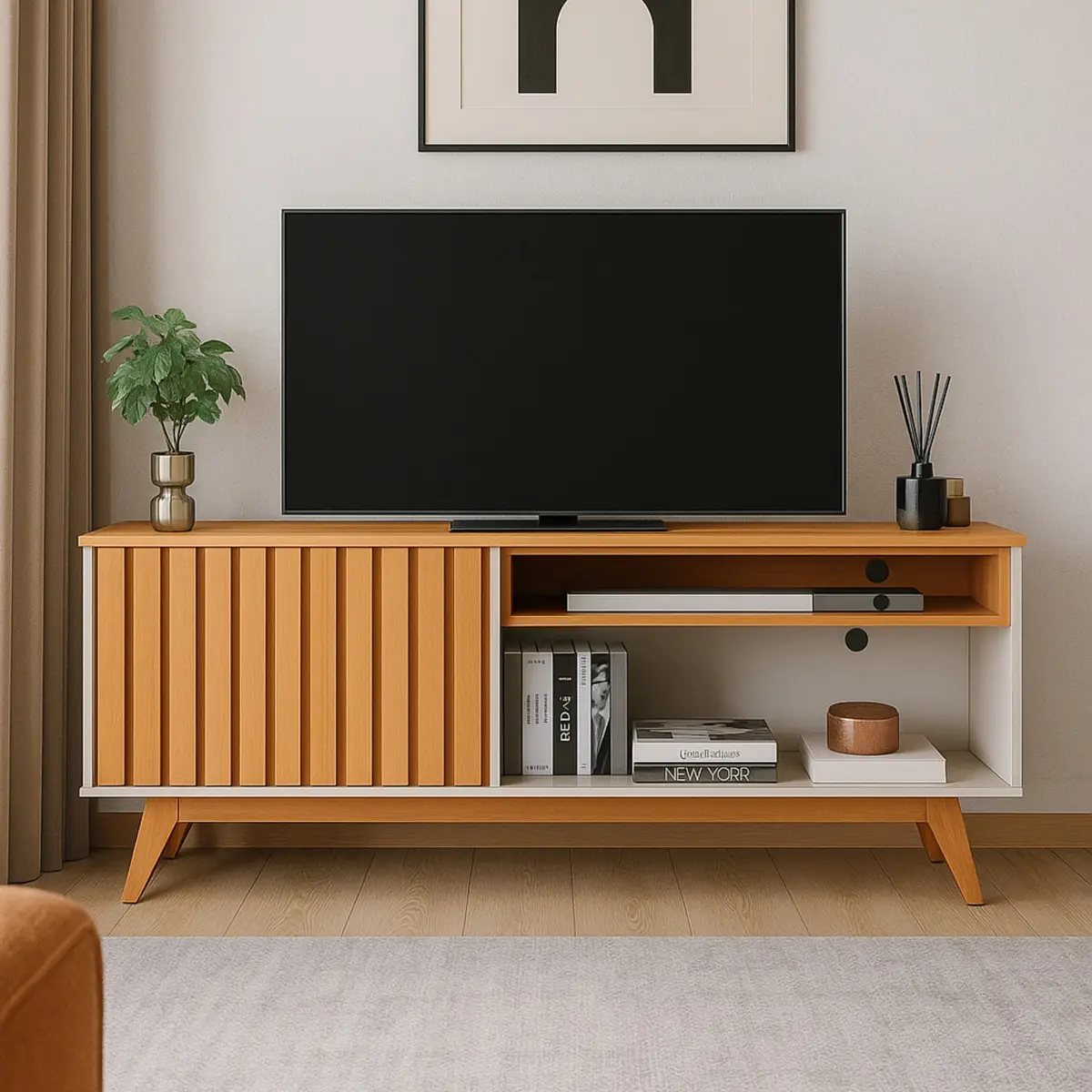 Rack Para Tv 55 Polegadas Bancada Off-white/nature Ripado