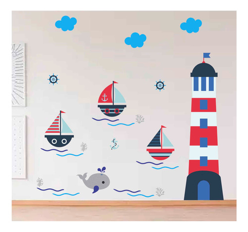 Decoración Vinil Infantil Nautico Mar Barco Ballena Niños