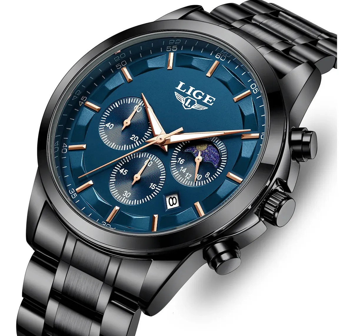 Reloj de Cuarzo Casual Para Hombre Lige, de Acero Inoxidable con Correa Negra y Fondo Azul Oscuro