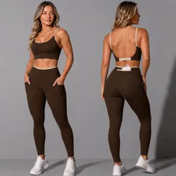 Conjunto Academia Top Calça Legging Fitness Roupa Kit Bolso Marrom/areia Liso Gg 42/44 - R$ 78,30