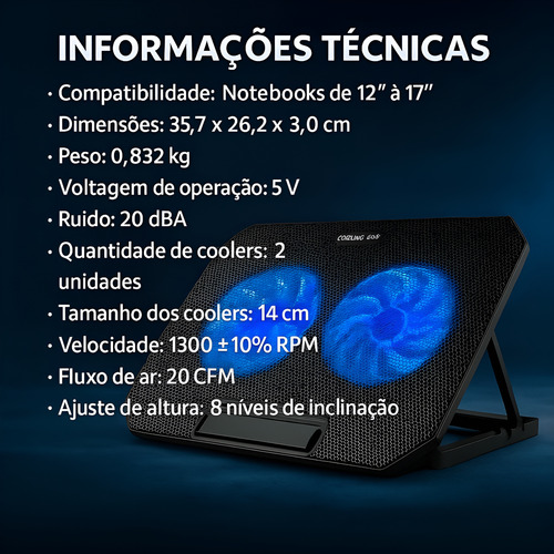 Suporte Macboock Notebook Apoio 2 Cooler Com Led 8 Posições