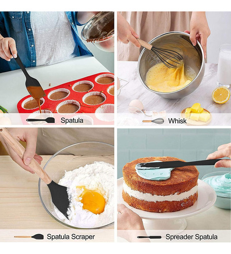 Juego 15 Utensilios Silicona Con Soporte Y Mango Madera