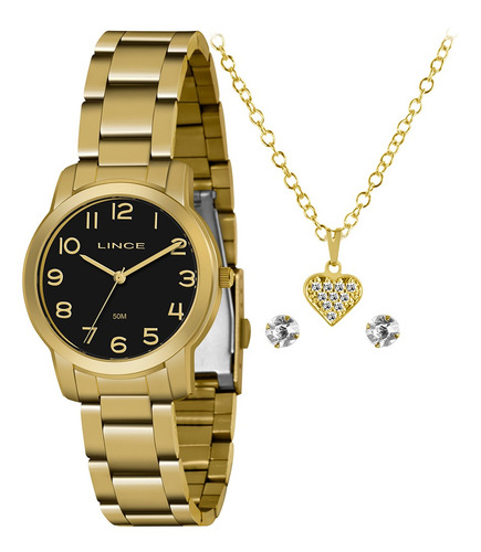 Relógio Feminino Lince Lrg4700l Ko76 Pulseira De Aço Dourado Cor do fundo Preto