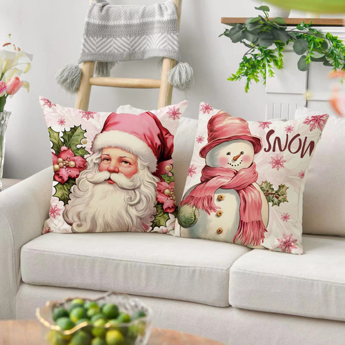 Juego De 4 Fundas De Cojín Navideñas Para Sofá Color Rosa